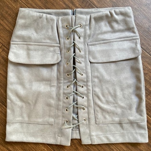Simplee Apparel Dresses & Skirts - Simplee Apparel Gray Suede-Look Faux Lace-Up Pocket Mini Skirt